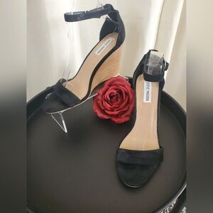 Steve Madden Black Suede Ankle-Strap Wedge Sandals